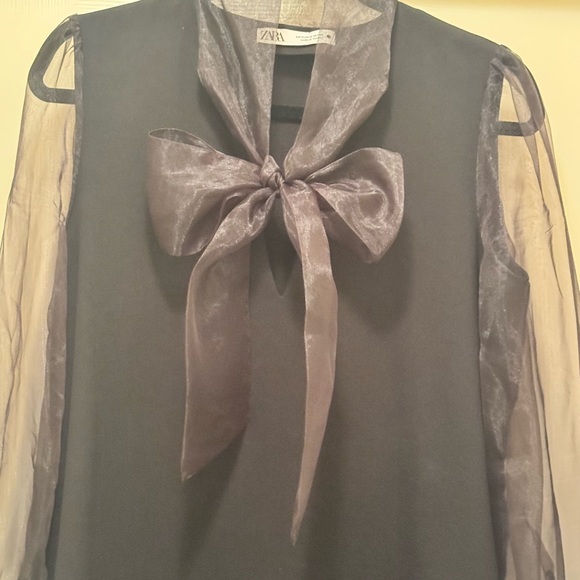 EUC Zara Women’s Black Sheer Sleeve with Bow Mini Dress Size Medium - Picture 3 of 7